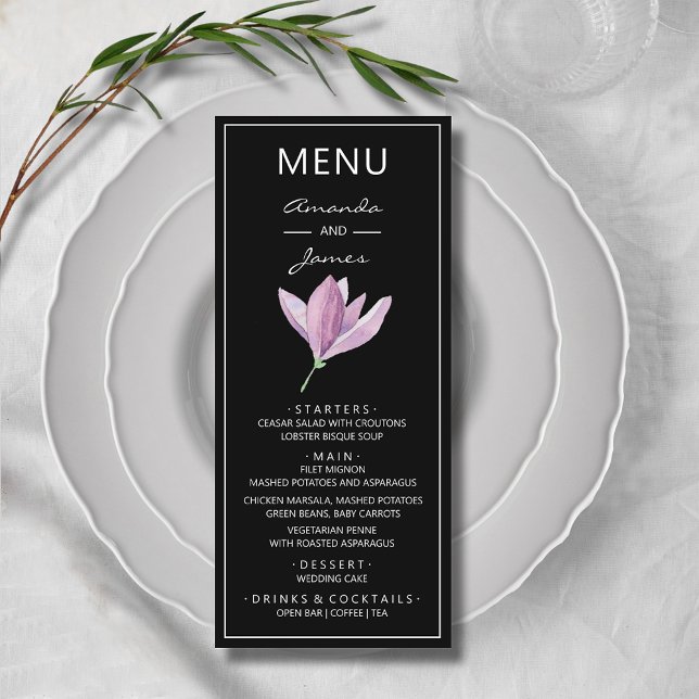 Botanical Purple Magnolia Watercolor Wedding Menu (Elegant Purple Magnolia Watercolor Wedding Menu Cards)
