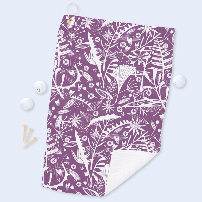 Botanical Purple Modern Golf Towel (Purple and white botanical leaves and wildflower pattern art golf towel)