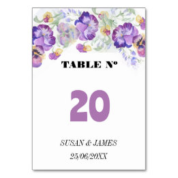Botanical purple pansies table number