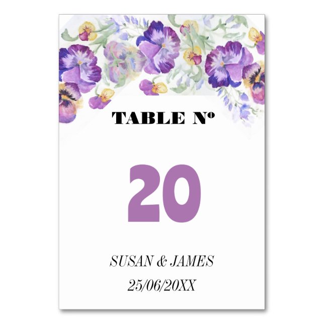 Botanical purple pansies table number (Front)