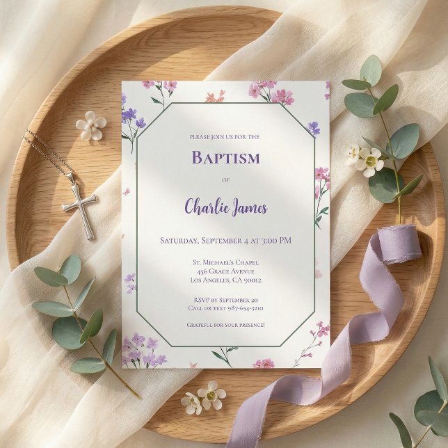 Botanical Purple Pink Baptism Invitation (Creator Uploaded)