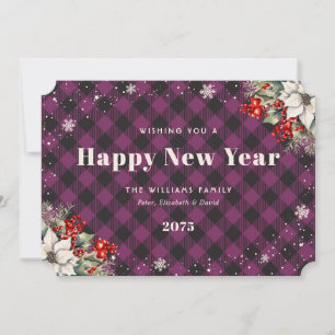 Botanical Purple Plaid Snowflake New Year Card