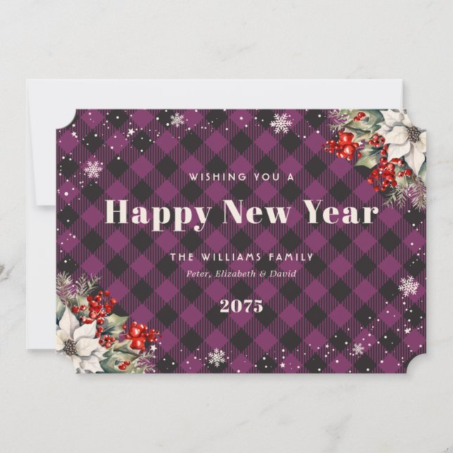 Botanical Purple Plaid Snowflake New Year Card (Front)