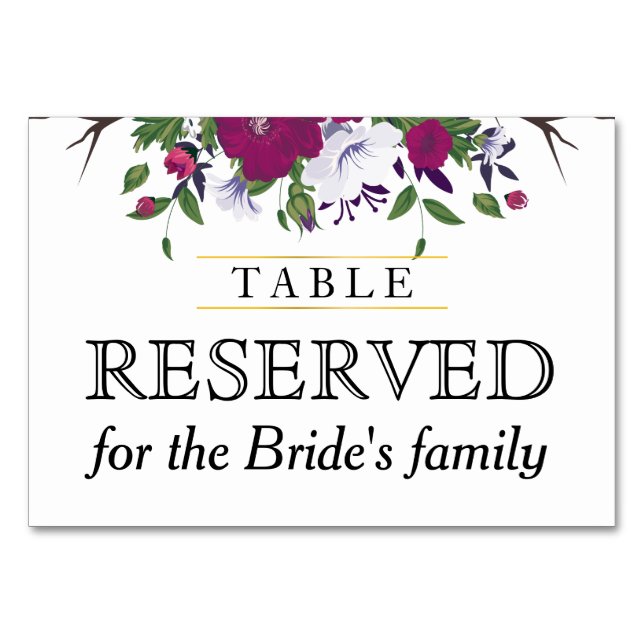 Botanical purple violet flower bouquet wedding table number (Front)