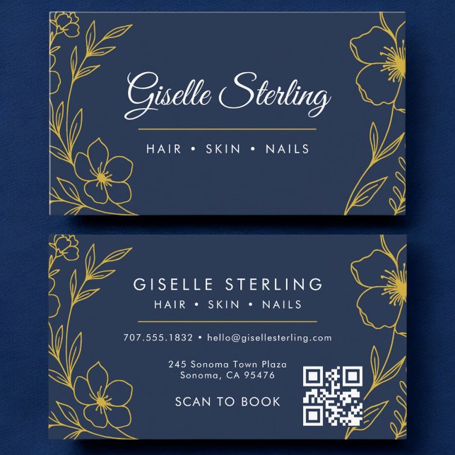 Botanical QR Code Navy Blue Gold Beauty Salon Business Card (Creator Uploaded)