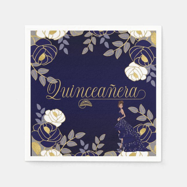 Botanical Quinceanera in White and Navy Blue Napkin (Front)