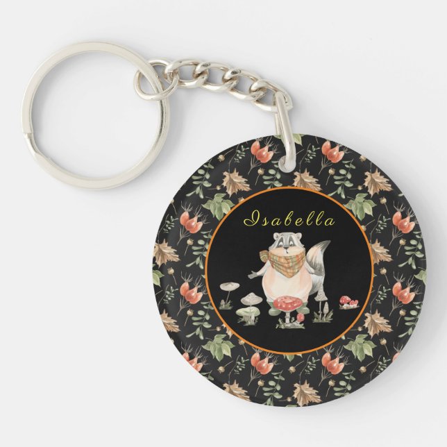Botanical Racoon Customise Text and Colour Key Ring (Front)