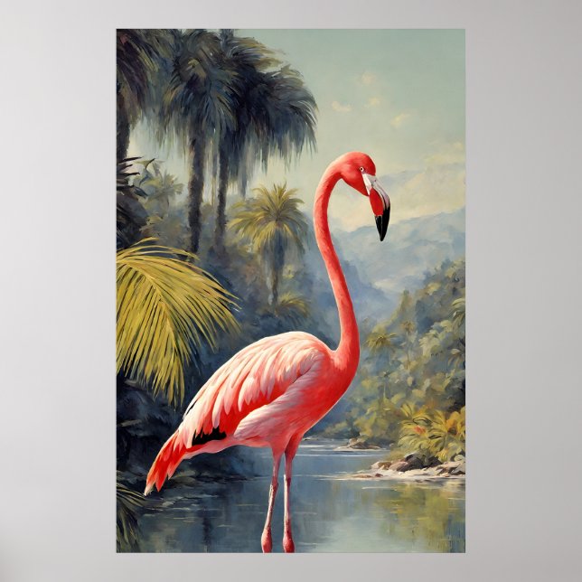 Botanical Rainforest Pink Flamingo Vintage Poster (Front)
