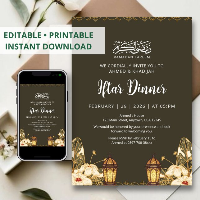 Botanical Ramadan Iftar Floral Lanterns Invitation (Creator Uploaded)