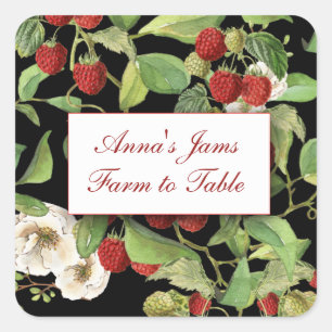 Botanical Raspberries on Black Background Label