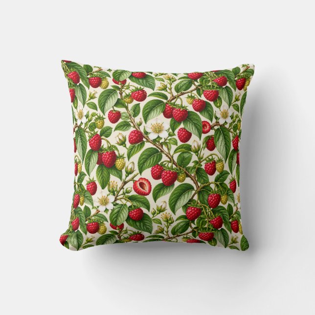 Botanical Raspberry and Blossom Pattern Cushion (Front)