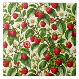 Botanical Raspberry and Blossom Pattern Tile