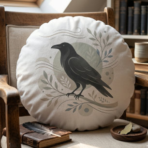 Botanical Raven Art Woodland Spirit Keeper Round Cushion