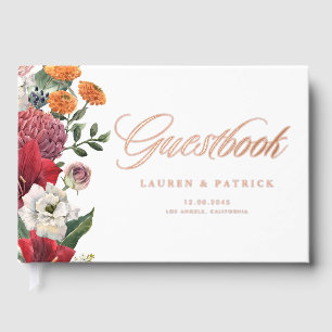 Botanical Red Amaryllis and Autumn Florals Wedding Guest Book