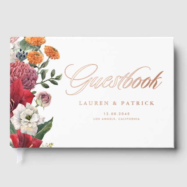 Botanical Red Amaryllis and Autumn Florals Wedding Guest Book (Front)