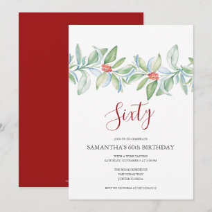 Botanical Red and Green Christmas 60th Birthday Invitation