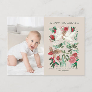 Botanical Red & Beige floral & doves Holiday Postcard