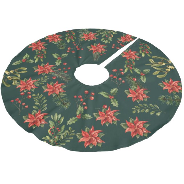 Botanical Red Berries Christmas Holiday Floral Brushed Polyester Tree Skirt (Angled)