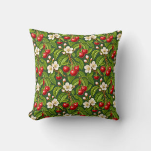 Botanical Red Cherries and White Blossoms Cushion