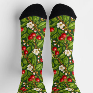 Botanical Red Cherries and White Blossoms Socks