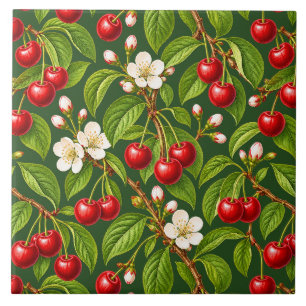 Botanical Red Cherries and White Blossoms Tile