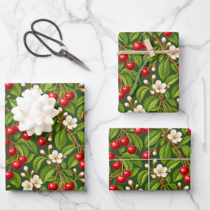 Botanical Red Cherries and White Blossoms Wrapping Paper Sheet
