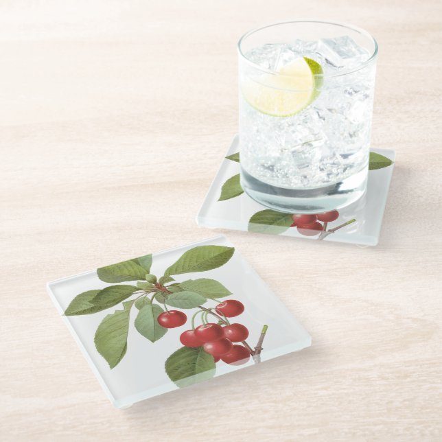 Botanical Red Cherries Glass Coaster (Angled)