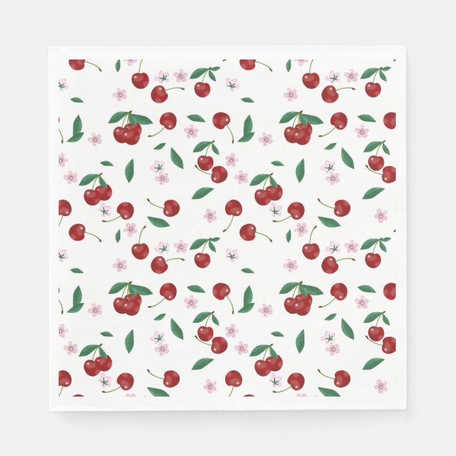 Botanical Red Cherries Greenery & Blossoms  Napkin (Front)