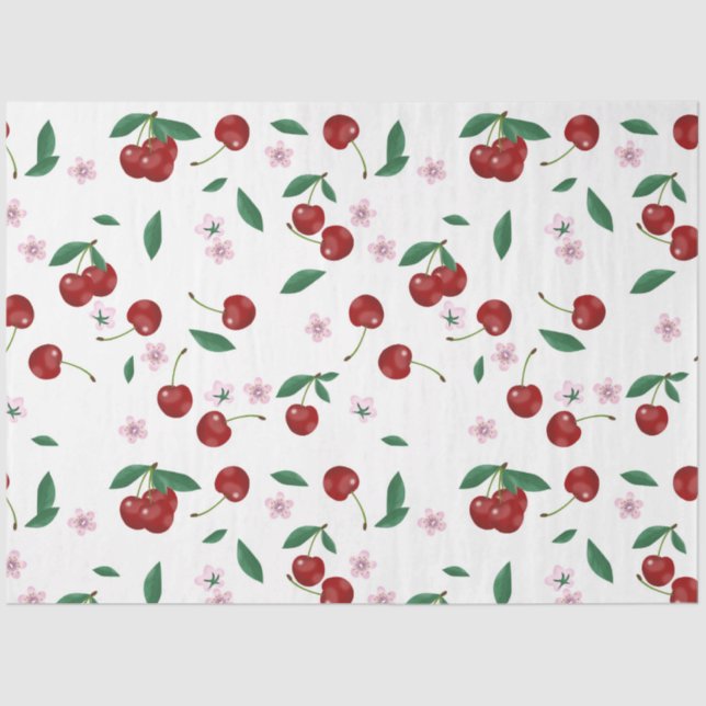 Botanical Red Cherries Greenery & Blossoms  Tissue Paper (Front)