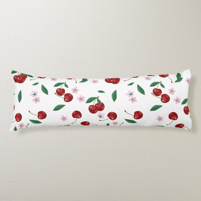 Botanical Red Cherries Greenery & Cherry Blossoms  Body Cushion (Front)