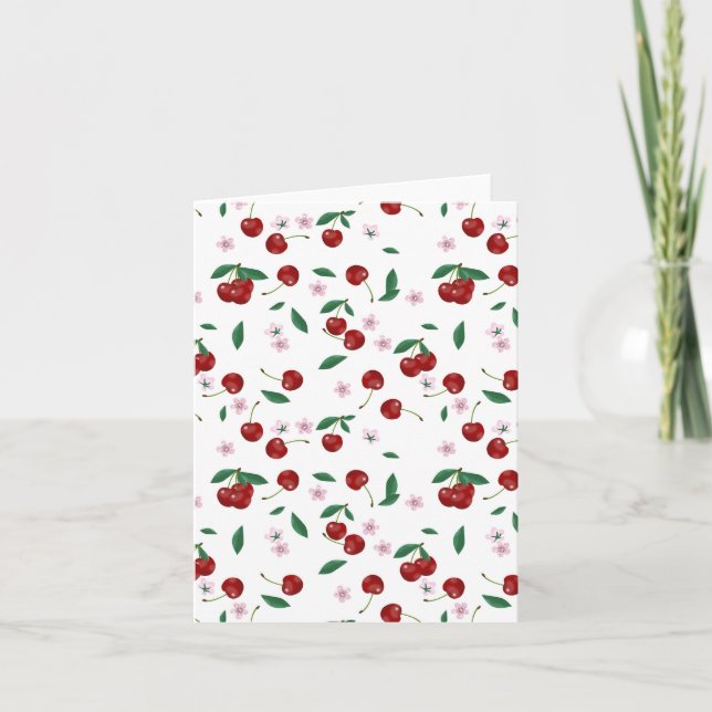 Botanical Red Cherries Greenery & Cherry Blossoms  Card (Front)