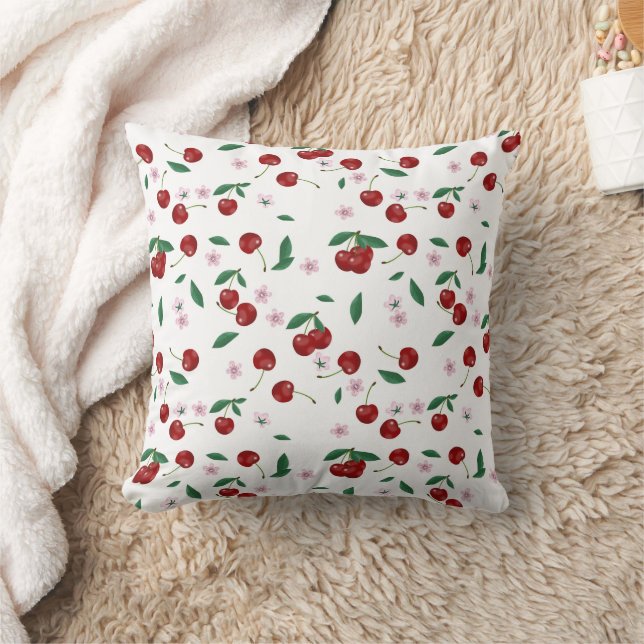 Botanical Red Cherries Greenery & Cherry Blossoms  Cushion (Blanket)