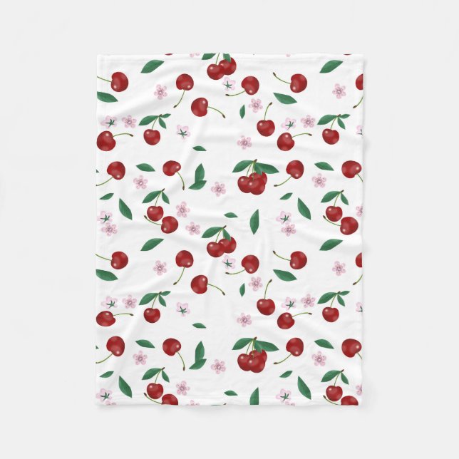 Botanical Red Cherries Greenery & Cherry Blossoms  Fleece Blanket (Front)