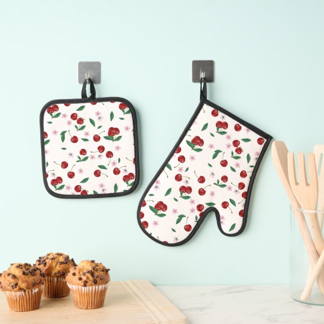 Botanical Red Cherries Greenery & Cherry Blossoms  Oven Mitt & Pot Holder Set (Insitu(Hanging))