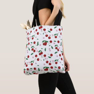 Botanical Red Cherries Greenery & Cherry Blossoms Tote Bag
