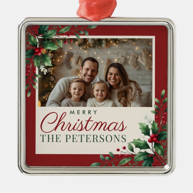Botanical Red Custom Photo Christmas Ornament (Front)