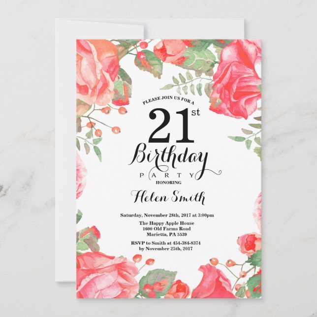Botanical Red Floral 21st Birthday Invitation (Front)