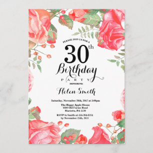 Botanical Red Floral 30th Birthday Invitation