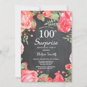 Botanical Red Floral Surprise 100th Birthday Invitation