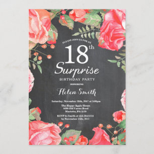 Botanical Red Floral Surprise 18th Birthday Invitation