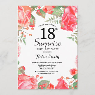 Botanical Red Floral Surprise 18th Birthday Invitation
