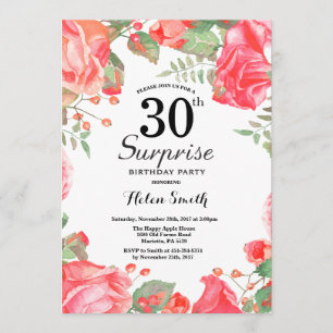 Botanical Red Floral Surprise 30th Birthday Invitation