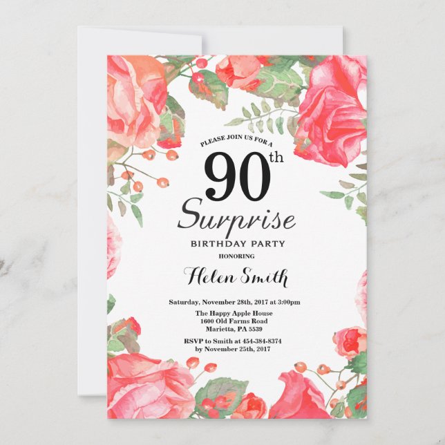 Botanical Red Floral Surprise 90th Birthday Invitation (Front)