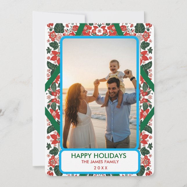 Botanical Red & Green Folk Art Floral Christmas  Holiday Card (Front)