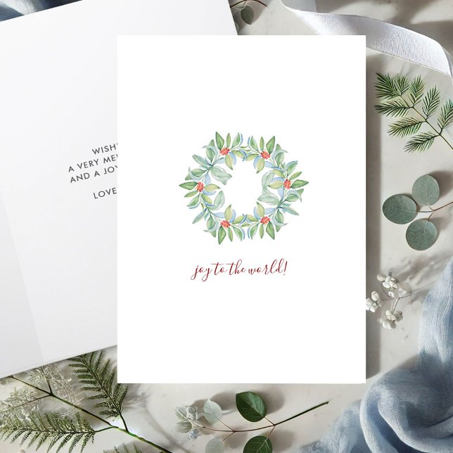 Botanical Red & Green Watercolor Wreath Christmas Holiday Card (Simple Christmas cards watercolor wreath by Victoria Grigaliunas Do Tell A Belle)