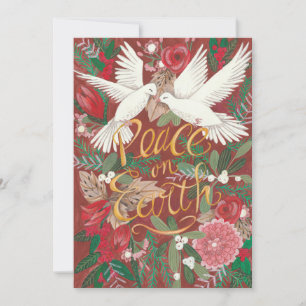 Botanical Red Peace on Earth   Dove Birds Floral Holiday Card