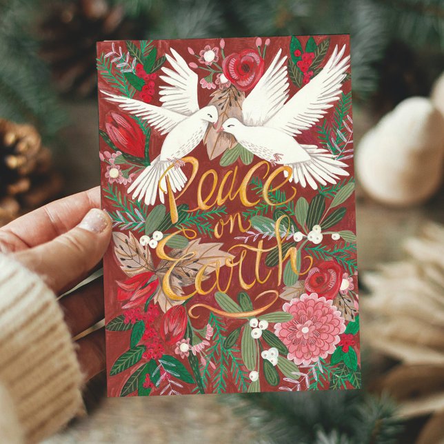 Botanical Red Peace on Earth | Dove Birds Floral Holiday Card (Botanical Red Peace on Earth | Dove Birds Floral Holiday Card)