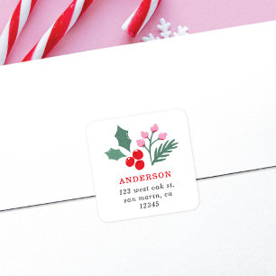 Botanical Red Pink Holiday Return Address Square Sticker
