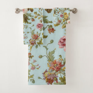 Botanical Regina Rose Vintage Flowers Blue Bath Towel Set