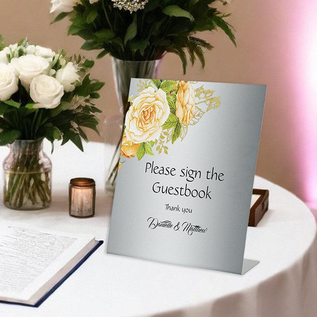 Botanical Romance Yellow Roses Silver Wedding  Pedestal Sign (Creator Uploaded)